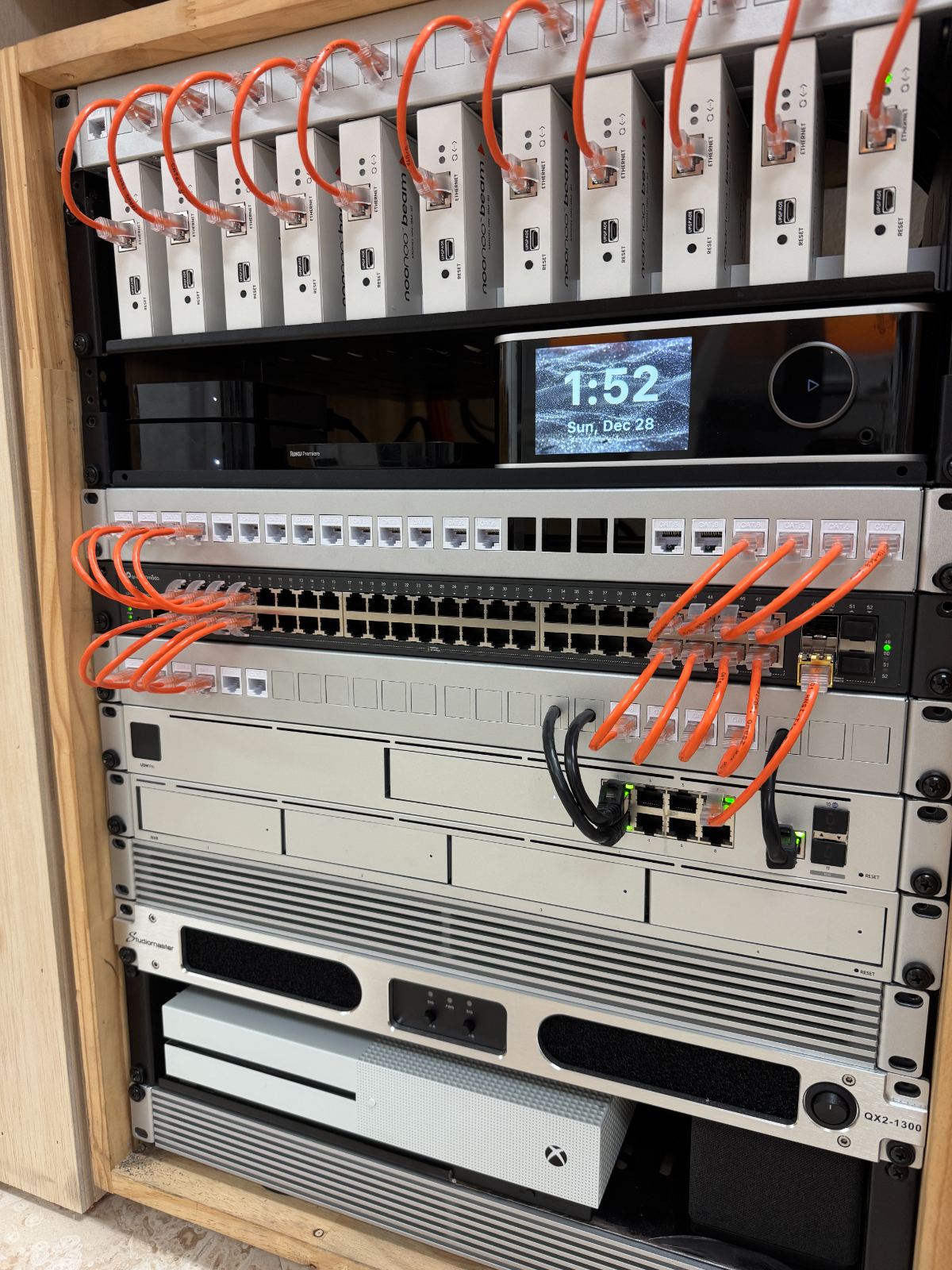 An AV-over-IP distribution rack, patched with orange and labelled