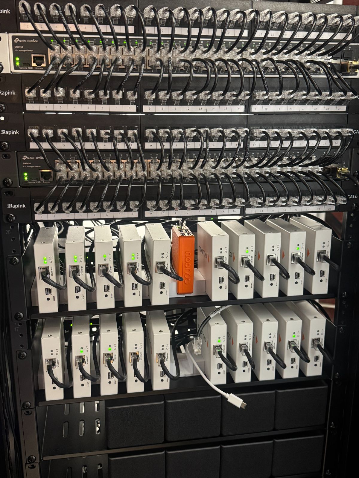 AV-over-IP endpoints racked and labelled row by row