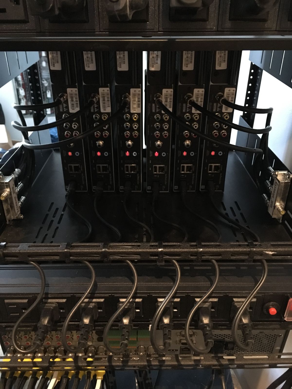 The rear of an amplifier rack, dressed and terminated